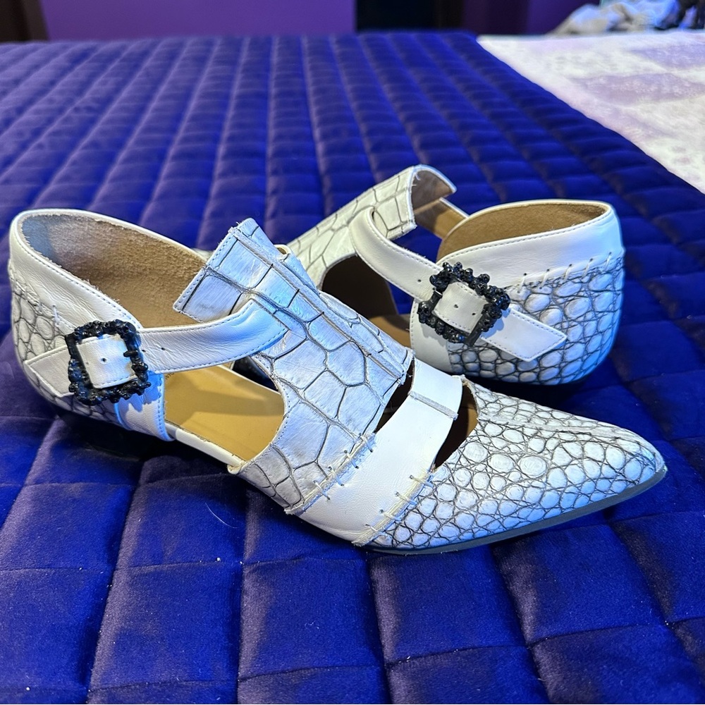 Fluevog Truth Alisha T-Strap Heel with Skull Buckle in White Croc 🤍🖤